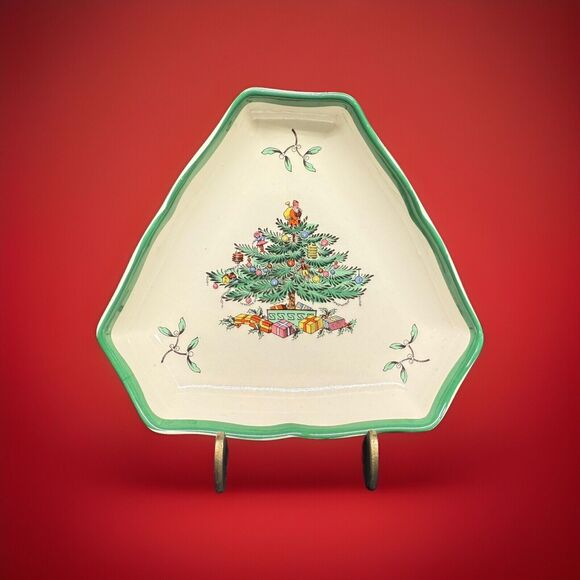 Vintage Spode Christmas Tree Holly Berry Triangle Shape Trinket Candy Dish 1986 - Picture 1 of 7
